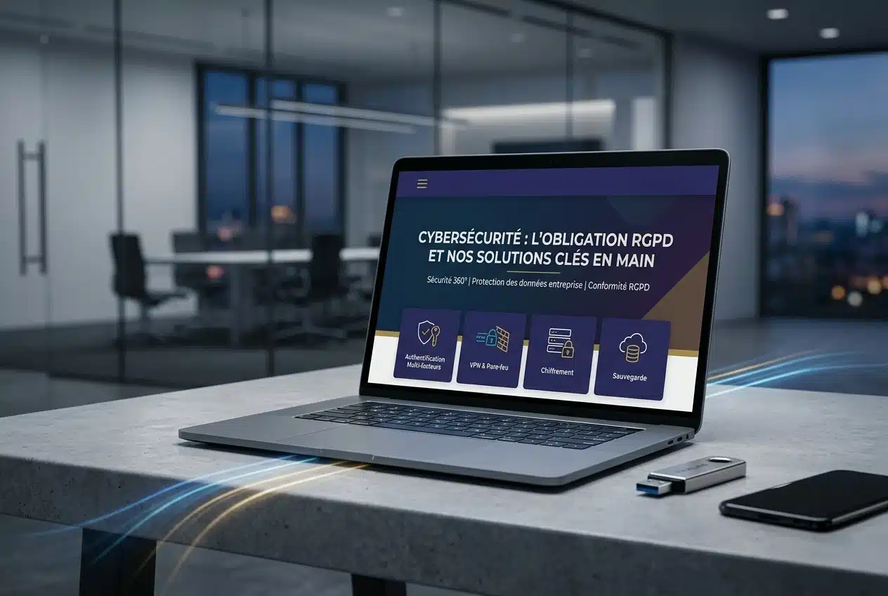Une image promotionnelle de Gaiacloud montrant un ordinateur portable dans un bureau moderne. L'écran de l'ordinateur affiche le titre : 'CYBERSÉCURITÉ : L'OBLIGATION RGPD ET NOS SOLUTIONS CLÉS EN MAIN'. En dessous, on voit quatre icônes avec les légendes : 'Authentification Multi-facteurs', 'VPN & Pare-feu', 'Chiffrement' et 'Sauvegarde'. Sur la table de bureau, il y a un téléphone mobile et une clé USB.