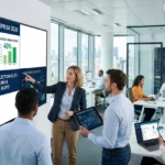 Une équipe de professionnels dans un bureau moderne en 2026 illustrant les solutions VoIP de Gaia Cloud. Une experte présente sur un grand écran interactif des graphiques affichant 60 % de réduction des coûts et 40 % de gain de productivité. À l'arrière-plan, des collaborateurs utilisent des softphones et des casques, tandis qu'une baie de serveurs sécurisée est visible, symbolisant la souveraineté des données et l'intégration CRM.