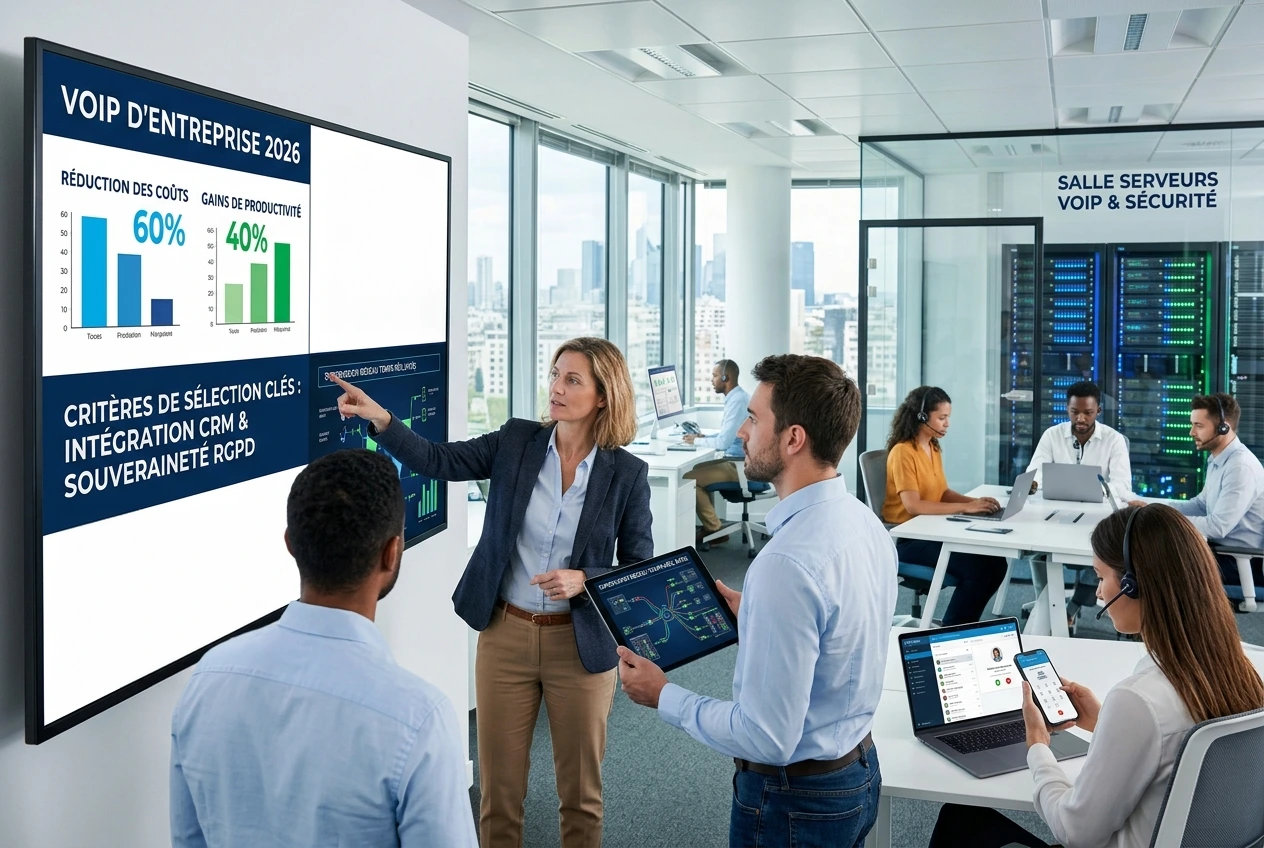 Une équipe de professionnels dans un bureau moderne en 2026 illustrant les solutions VoIP de Gaia Cloud. Une experte présente sur un grand écran interactif des graphiques affichant 60 % de réduction des coûts et 40 % de gain de productivité. À l'arrière-plan, des collaborateurs utilisent des softphones et des casques, tandis qu'une baie de serveurs sécurisée est visible, symbolisant la souveraineté des données et l'intégration CRM.