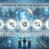 Infographie détaillée sur fond de centre de données (data center) moderne, illustrant les 5 systèmes de protection de boîte mail. Le visuel présente cinq icônes circulaires alignées : l'authentification DNS (SPF, DKIM, DMARC), les filtres antispam et anti-phishing, la protection avancée ATP contre les menaces Zero-day, le chiffrement des e-mails (TLS et S/MIME) et l'authentification multifacteur (MFA). Un expert en cybersécurité est assis devant des écrans au centre, sous un grand bouclier numérique protecteur. Le titre '5 Systèmes de protection de boite mail' est affiché en haut