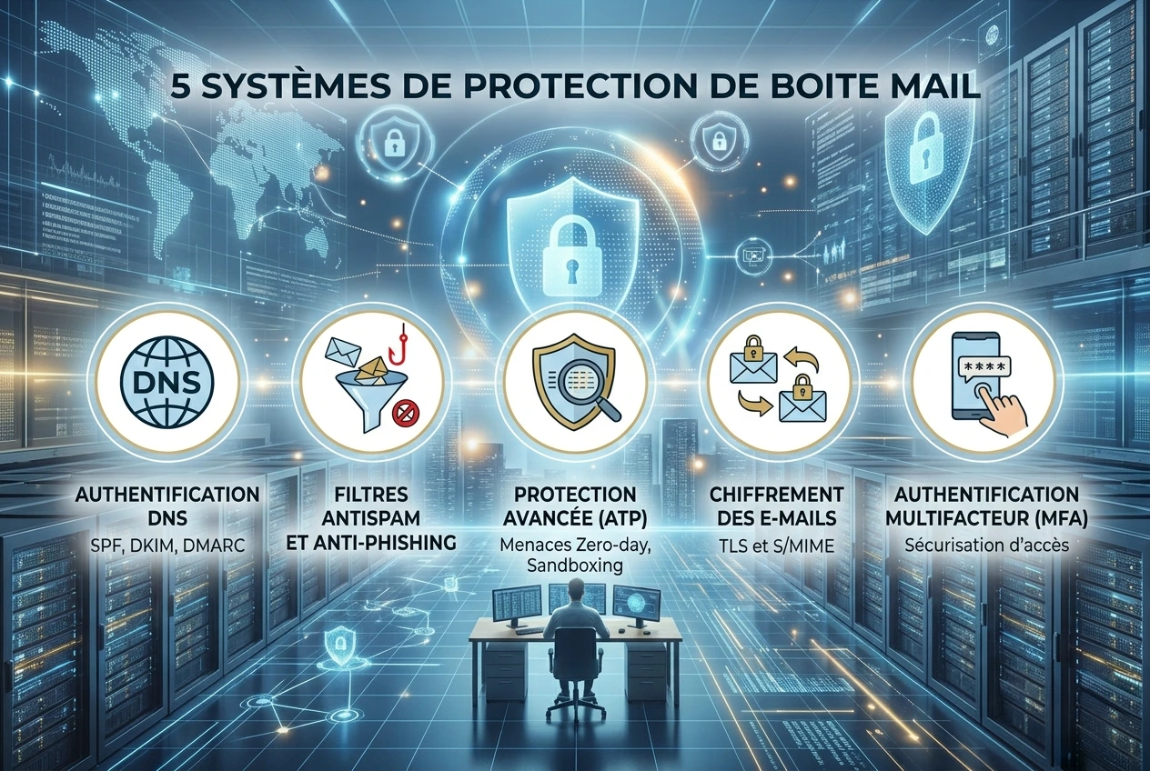 Infographie détaillée sur fond de centre de données (data center) moderne, illustrant les 5 systèmes de protection de boîte mail. Le visuel présente cinq icônes circulaires alignées : l'authentification DNS (SPF, DKIM, DMARC), les filtres antispam et anti-phishing, la protection avancée ATP contre les menaces Zero-day, le chiffrement des e-mails (TLS et S/MIME) et l'authentification multifacteur (MFA). Un expert en cybersécurité est assis devant des écrans au centre, sous un grand bouclier numérique protecteur. Le titre '5 Systèmes de protection de boite mail' est affiché en haut