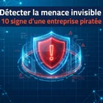 Illustration professionnelle de cybersécurité sur fond bleu technologique avec des réseaux de données. Au centre, un bouclier numérique rouge brillant avec un point d'exclamation, entouré d'une interface de données circulaire. En haut, le titre en français : « Détecter la menace invisible : 10 signes d'une entreprise piratée »