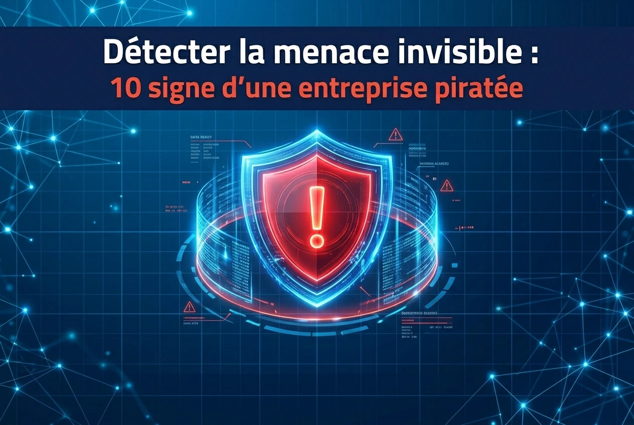 Illustration professionnelle de cybersécurité sur fond bleu technologique avec des réseaux de données. Au centre, un bouclier numérique rouge brillant avec un point d'exclamation, entouré d'une interface de données circulaire. En haut, le titre en français : « Détecter la menace invisible : 10 signes d'une entreprise piratée »