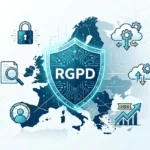 Illustration conceptuelle de la conformité RGPD en 2026 : un bouclier numérique bleu marqué "RGPD" protégeant une carte de l'Europe, entouré d'icônes symbolisant la cybersécurité, le cloud, l'audit et la croissance technologique.