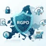Illustration conceptuelle de la conformité RGPD en 2026 : un bouclier numérique bleu marqué "RGPD" protégeant une carte de l'Europe, entouré d'icônes symbolisant la cybersécurité, le cloud, l'audit et la croissance technologique.