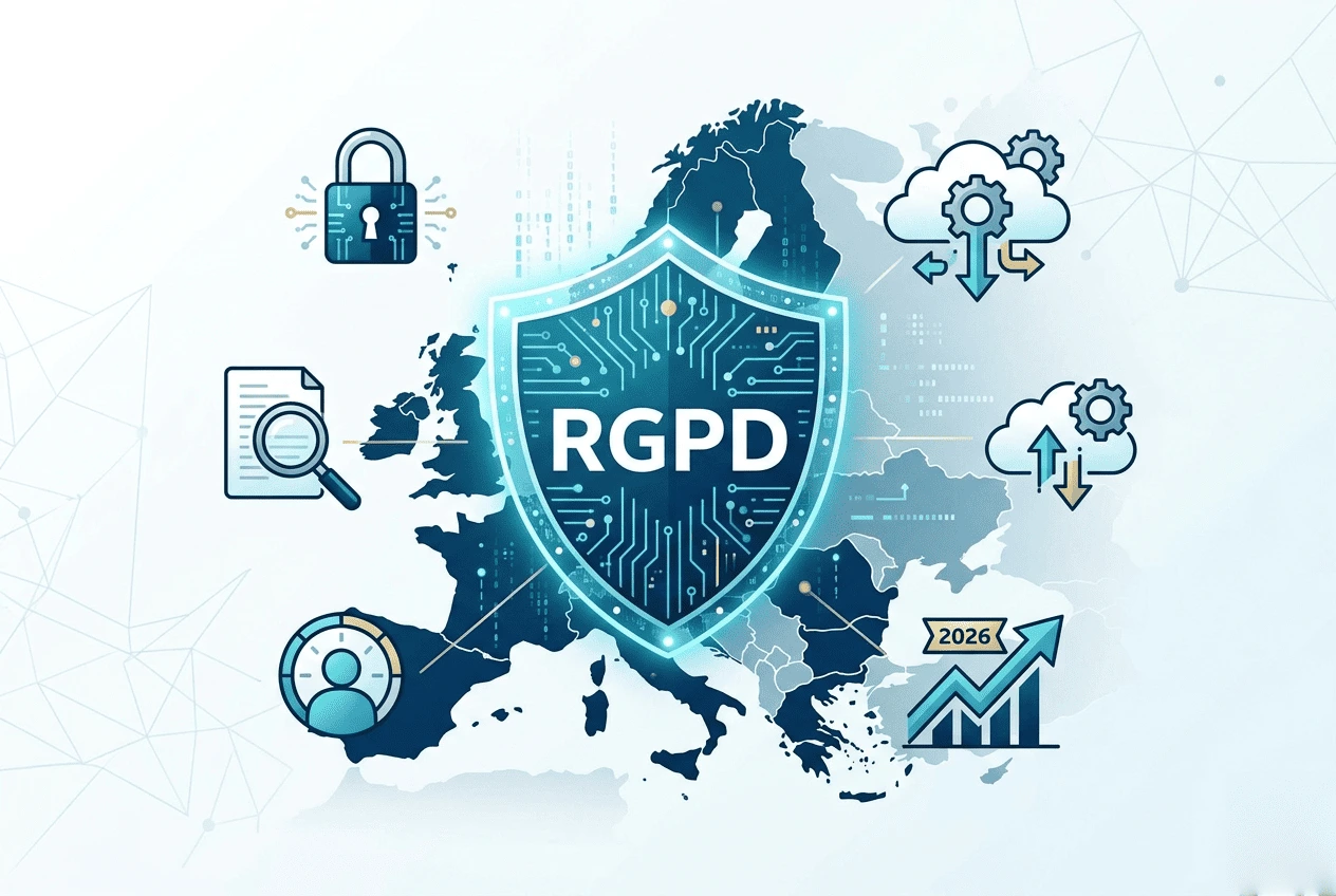 Illustration conceptuelle de la conformité RGPD en 2026 : un bouclier numérique bleu marqué "RGPD" protégeant une carte de l'Europe, entouré d'icônes symbolisant la cybersécurité, le cloud, l'audit et la croissance technologique.