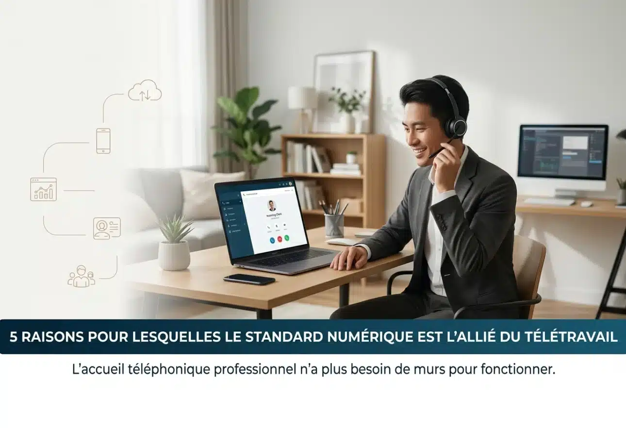 Un professionnel souriant en télétravail avec un casque audio, travaillant sur un ordinateur portable affichant une interface de standard numérique. À gauche, une infographie sobre illustre les avantages de la VoIP : IPBX Cloud, Softphone et Analytics. Le titre de l'article '5 raisons pour lesquelles le standard numérique est l'allié du télétravail' est intégré en bas de l'image.