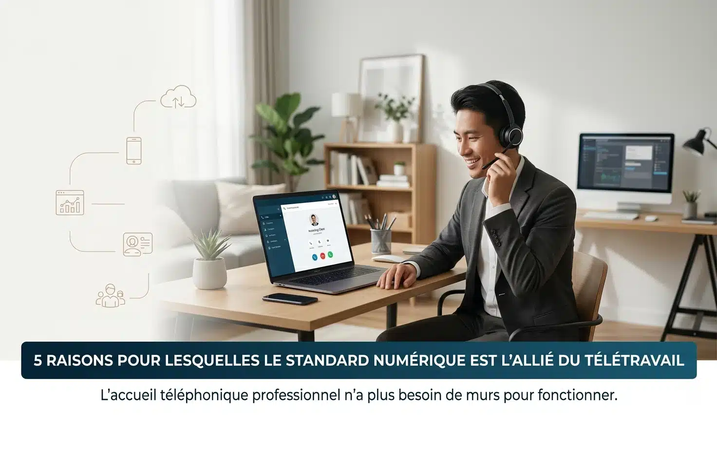 Un professionnel souriant en télétravail avec un casque audio, travaillant sur un ordinateur portable affichant une interface de standard numérique. À gauche, une infographie sobre illustre les avantages de la VoIP : IPBX Cloud, Softphone et Analytics. Le titre de l'article '5 raisons pour lesquelles le standard numérique est l'allié du télétravail' est intégré en bas de l'image.