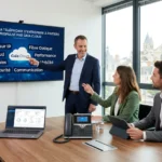 Une réunion professionnelle dans un bureau moderne à Poitiers présentant les solutions de téléphonie d’entreprise Gaia Cloud. Un expert pointe un écran affichant les services Voix sur IP, Fibre Optique et Cloud, tandis que des collaborateurs utilisent un téléphone IP de bureau, un ordinateur portable et une tablette. En arrière-plan, à travers la fenêtre, on aperçoit l'architecture classique de la ville de Poitiers.