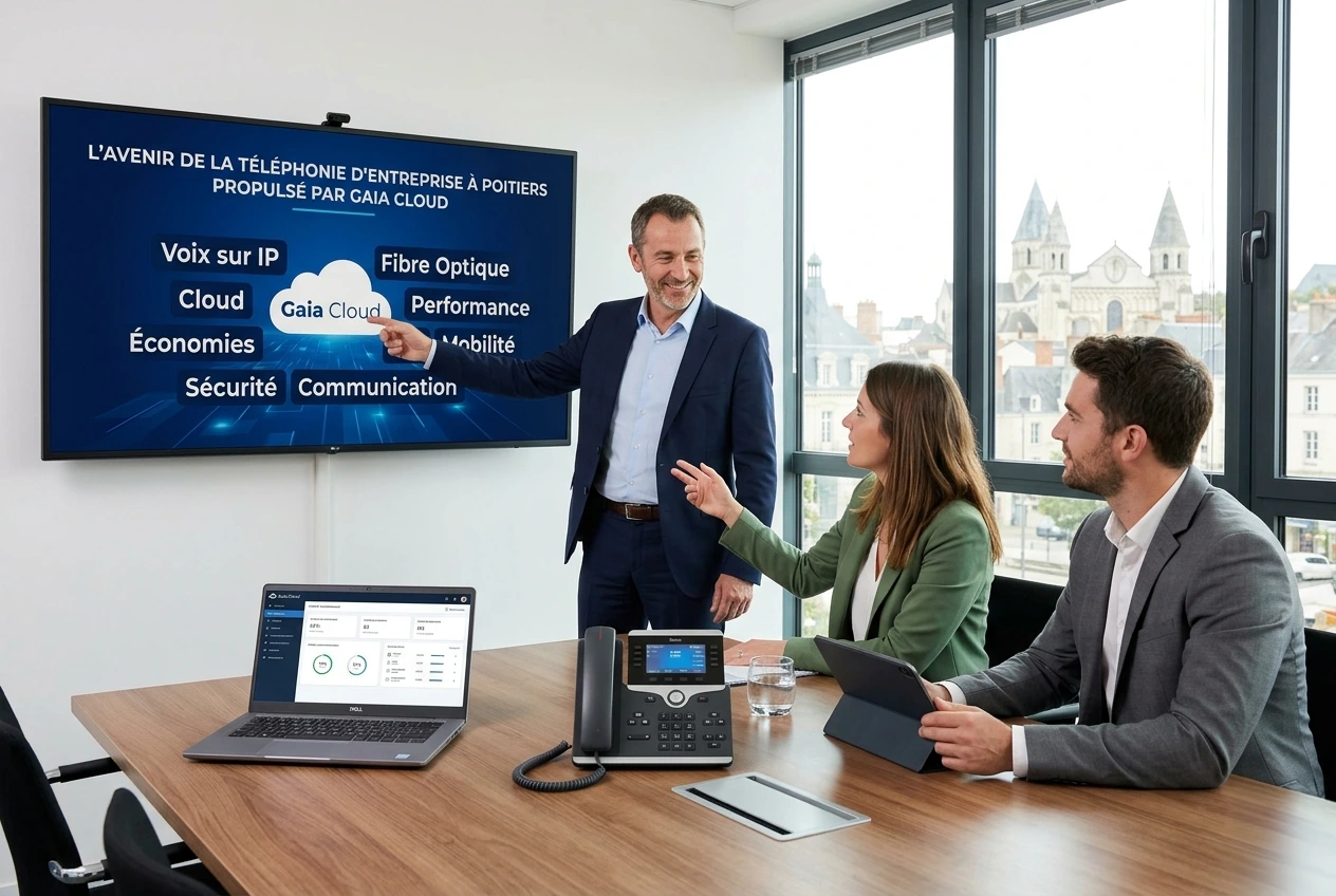 Une réunion professionnelle dans un bureau moderne à Poitiers présentant les solutions de téléphonie d’entreprise Gaia Cloud. Un expert pointe un écran affichant les services Voix sur IP, Fibre Optique et Cloud, tandis que des collaborateurs utilisent un téléphone IP de bureau, un ordinateur portable et une tablette. En arrière-plan, à travers la fenêtre, on aperçoit l'architecture classique de la ville de Poitiers.