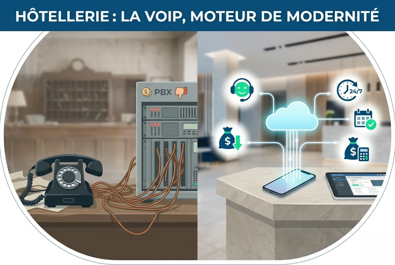 Infographie comparant l’ancienne téléphonie hôtelière (téléphone à cadran, câbles emmêlés, ancien rack PBX avec une icône de pouce vers le bas) à la téléphonie VoIP moderne (smartphone, cloud, icônes de support client, de réduction de coûts et de planification 24/7).