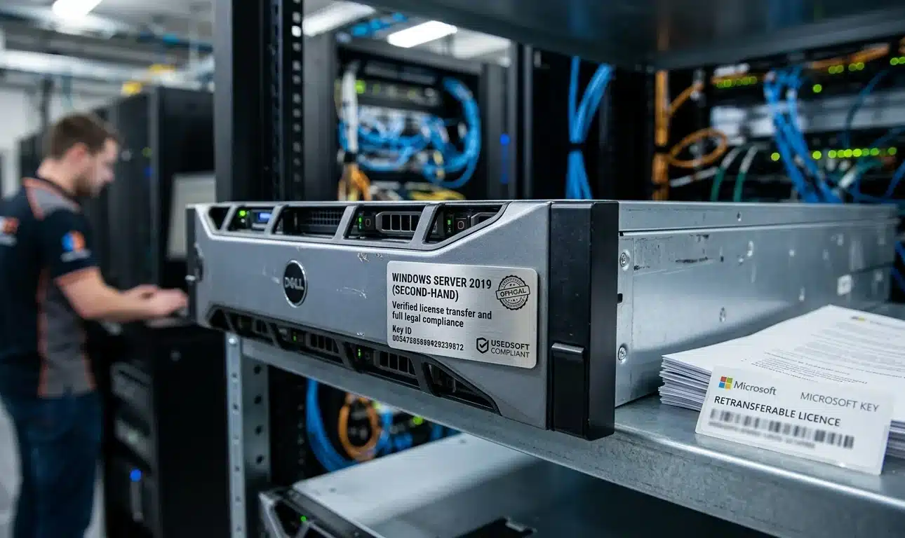 Vue rapprochée d'un serveur rack professionnel dans un centre de données (data center). Sur le devant du serveur, une plaque métallique propre indique 'Windows Server 2019 (Second-Hand)' avec des mentions de conformité légale. À côté du serveur, sur une étagère, repose un document officiel avec un logo Microsoft et l'inscription 'Retransferable Licence', symbolisant une licence de seconde main certifiée. En arrière-plan, on aperçoit un technicien informatique travaillant sur d'autres serveurs dans une ambiance de salle informatique moderne.