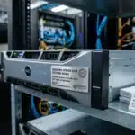 Vue rapprochée d'un serveur rack professionnel dans un centre de données (data center). Sur le devant du serveur, une plaque métallique propre indique 'Windows Server 2019 (Second-Hand)' avec des mentions de conformité légale. À côté du serveur, sur une étagère, repose un document officiel avec un logo Microsoft et l'inscription 'Retransferable Licence', symbolisant une licence de seconde main certifiée. En arrière-plan, on aperçoit un technicien informatique travaillant sur d'autres serveurs dans une ambiance de salle informatique moderne.