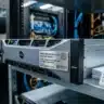Vue rapprochée d'un serveur rack professionnel dans un centre de données (data center). Sur le devant du serveur, une plaque métallique propre indique 'Windows Server 2019 (Second-Hand)' avec des mentions de conformité légale. À côté du serveur, sur une étagère, repose un document officiel avec un logo Microsoft et l'inscription 'Retransferable Licence', symbolisant une licence de seconde main certifiée. En arrière-plan, on aperçoit un technicien informatique travaillant sur d'autres serveurs dans une ambiance de salle informatique moderne.