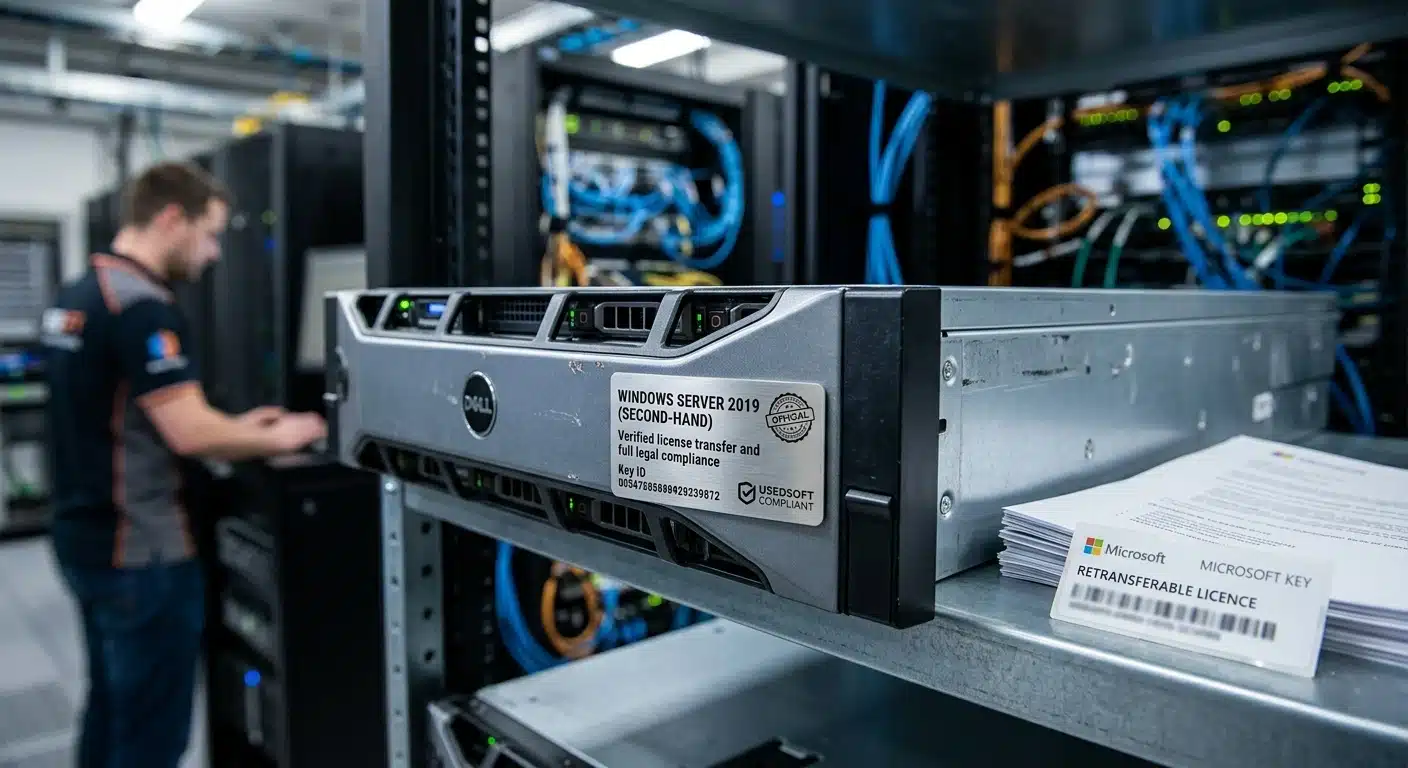 Vue rapprochée d'un serveur rack professionnel dans un centre de données (data center). Sur le devant du serveur, une plaque métallique propre indique 'Windows Server 2019 (Second-Hand)' avec des mentions de conformité légale. À côté du serveur, sur une étagère, repose un document officiel avec un logo Microsoft et l'inscription 'Retransferable Licence', symbolisant une licence de seconde main certifiée. En arrière-plan, on aperçoit un technicien informatique travaillant sur d'autres serveurs dans une ambiance de salle informatique moderne.