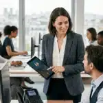 Démonstration de l'interface VoIP sur tablette à un collègue avec un téléphone de bureau IP moderne.