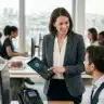 Démonstration de l'interface VoIP sur tablette à un collègue avec un téléphone de bureau IP moderne.