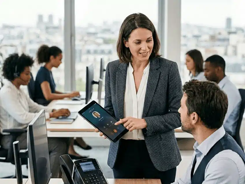 Démonstration de l'interface VoIP sur tablette à un collègue avec un téléphone de bureau IP moderne.
