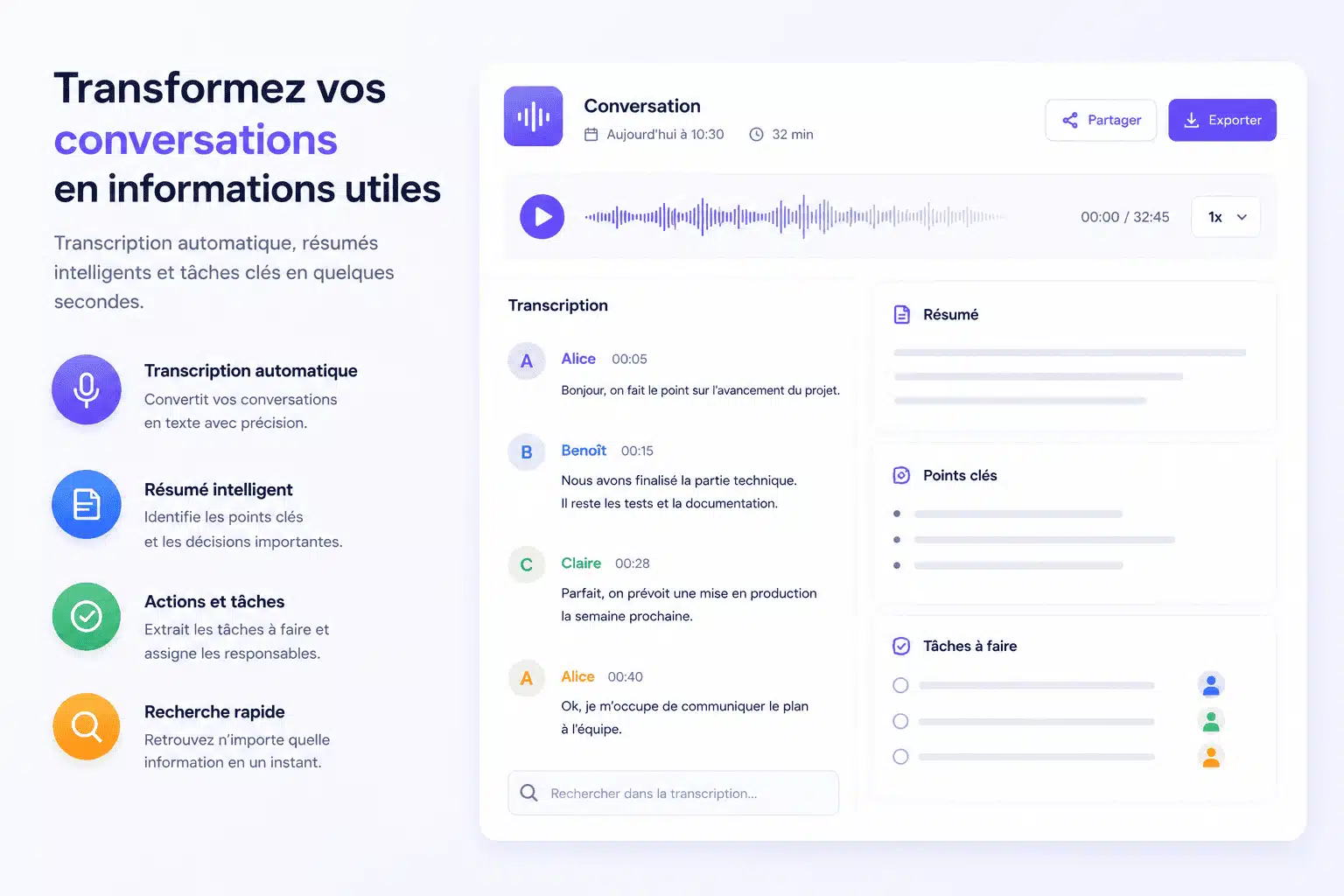 Interface de retranscription automatique Gaia Cloud transcription d'appel en temps réel, résumé intelligent, points clés et tâches assignées par interlocuteur.