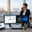 Illustration générée par Gemini montrant une femme en ligne dans un bureau moderne avec vue sur Cholet. L'image intègre des écrans et des infographies détaillant une offre de téléphonie VoIP Cholet, incluant le standard nuage, la fibre optique et la conformité RGPD.