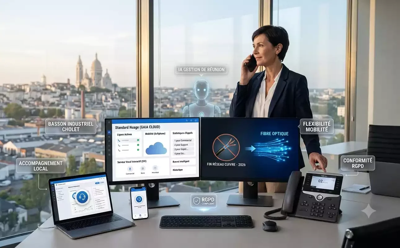 Illustration générée par Gemini montrant une femme en ligne dans un bureau moderne avec vue sur Cholet. L'image intègre des écrans et des infographies détaillant une offre de téléphonie VoIP Cholet, incluant le standard nuage, la fibre optique et la conformité RGPD.