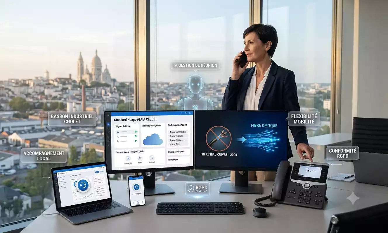 Illustration générée par Gemini montrant une femme en ligne dans un bureau moderne avec vue sur Cholet. L'image intègre des écrans et des infographies détaillant une offre de téléphonie VoIP Cholet, incluant le standard nuage, la fibre optique et la conformité RGPD.