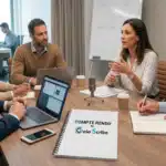 Une réunion de travail professionnelle se déroule autour d'une table en bois dans une salle lumineuse. Cinq collaborateurs échangent activement autour d'un microphone de table, de ordinateurs portables et de tasses à café. Au premier plan, un bloc-notes à spirales blanc est posé sur la table, affichant en son centre la mention « COMPTE RENDU by Gaia Scribe » avec le logo officiel de la marque. En arrière-plan, une autre personne travaille sur un ordinateur et un tableau blanc affiche des diagrammes flous.