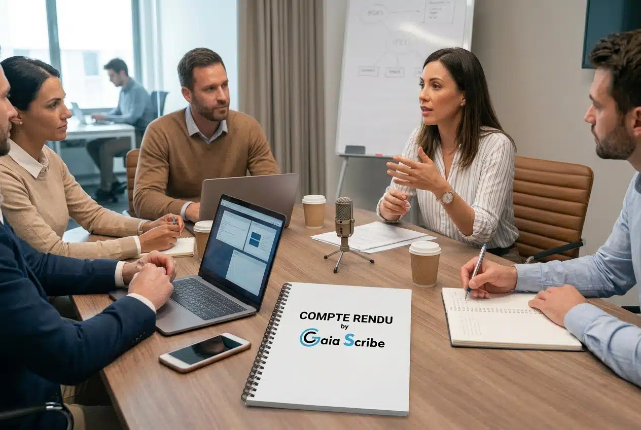 Une réunion de travail professionnelle se déroule autour d'une table en bois dans une salle lumineuse. Cinq collaborateurs échangent activement autour d'un microphone de table, de ordinateurs portables et de tasses à café. Au premier plan, un bloc-notes à spirales blanc est posé sur la table, affichant en son centre la mention « COMPTE RENDU by Gaia Scribe » avec le logo officiel de la marque. En arrière-plan, une autre personne travaille sur un ordinateur et un tableau blanc affiche des diagrammes flous.
