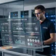 Une illustration créée par l'intelligence artificielle pour un comparatif fournisseur VoIP technique de 2026. L'image montre un ingénieur réseau dans un centre de données en interaction avec un tableau de bord holographique transparent affichant des indicateurs clés de performance tels que la qualité réseau (latence, jitter, perte de paquets), le SLA de disponibilité à 99,99 % et la redondance multi-datacenter, la sécurité et conformité RGPD (SecNumCloud, ISO, données hébergées en France), la portabilité des numéros et la compatibilité SIP avec des codecs comme Opus et G.711.
