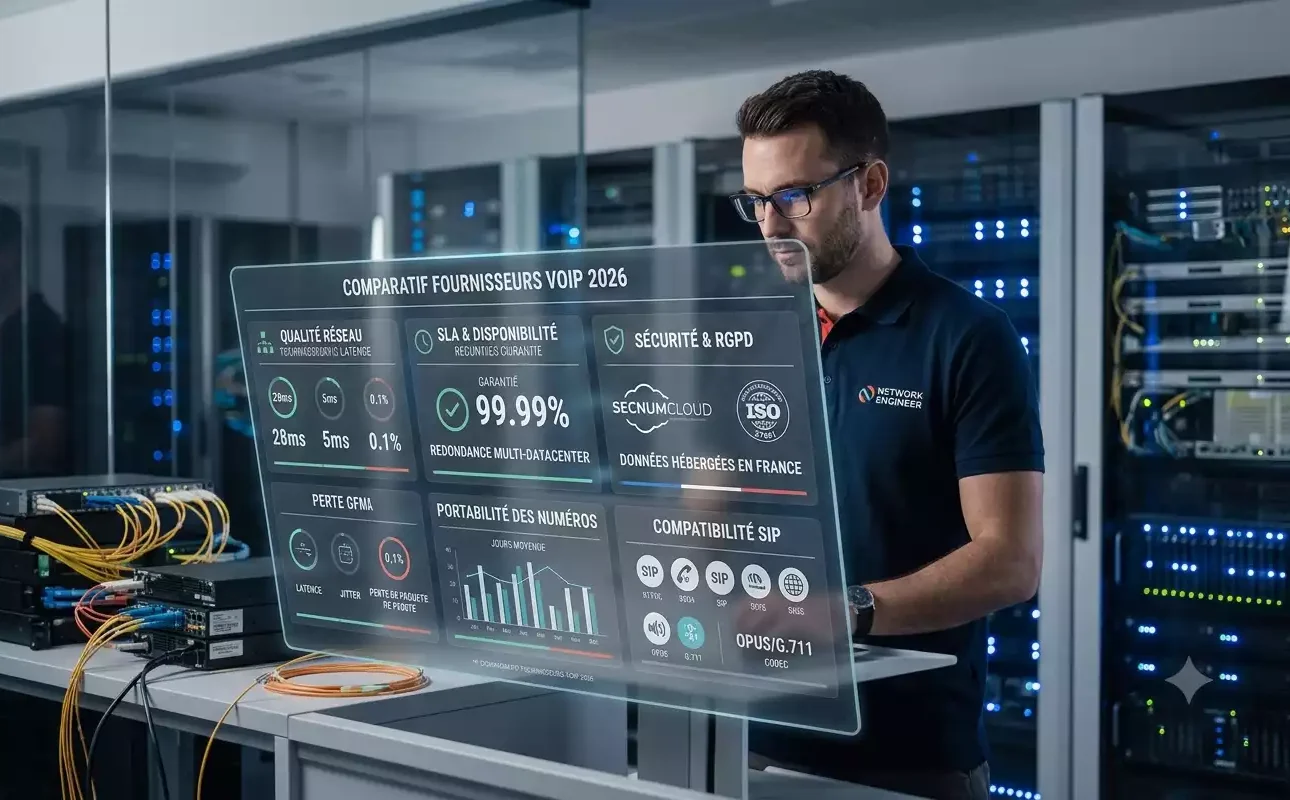 Une illustration créée par l'intelligence artificielle pour un comparatif fournisseur VoIP technique de 2026. L'image montre un ingénieur réseau dans un centre de données en interaction avec un tableau de bord holographique transparent affichant des indicateurs clés de performance tels que la qualité réseau (latence, jitter, perte de paquets), le SLA de disponibilité à 99,99 % et la redondance multi-datacenter, la sécurité et conformité RGPD (SecNumCloud, ISO, données hébergées en France), la portabilité des numéros et la compatibilité SIP avec des codecs comme Opus et G.711.