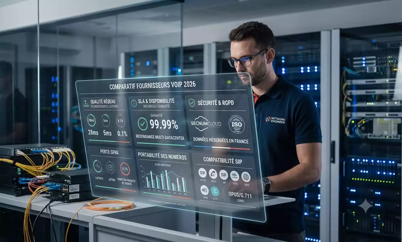 Une illustration créée par l'intelligence artificielle pour un comparatif fournisseur VoIP technique de 2026. L'image montre un ingénieur réseau dans un centre de données en interaction avec un tableau de bord holographique transparent affichant des indicateurs clés de performance tels que la qualité réseau (latence, jitter, perte de paquets), le SLA de disponibilité à 99,99 % et la redondance multi-datacenter, la sécurité et conformité RGPD (SecNumCloud, ISO, données hébergées en France), la portabilité des numéros et la compatibilité SIP avec des codecs comme Opus et G.711.
