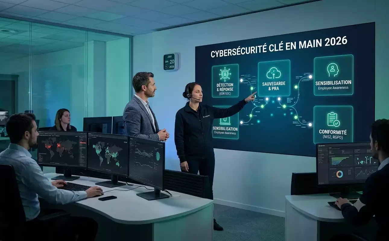 Illustration d'une solution cybersécurité clé en main montrant la supervision d'un SOC et les 4 piliers de protection en 2026 - généré par Gemini
