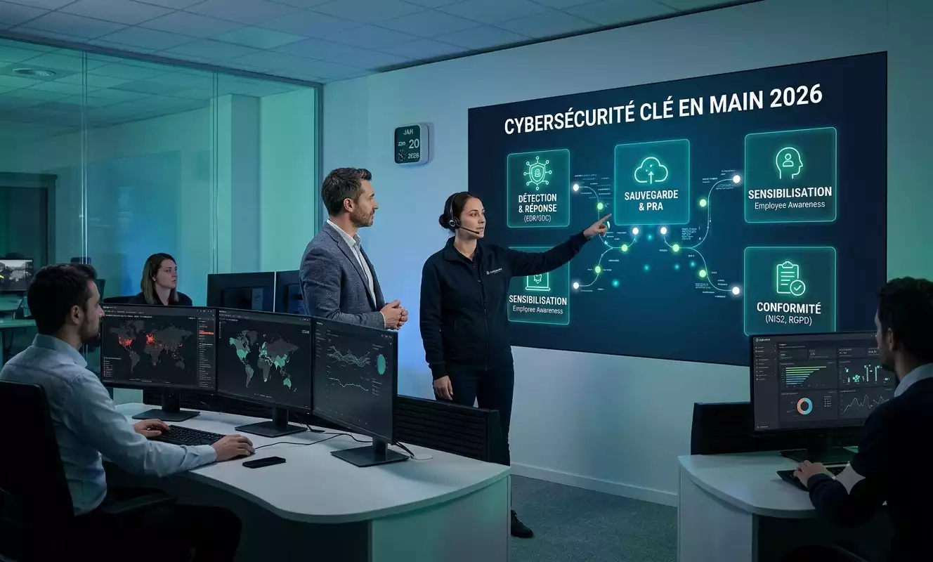 Illustration d'une solution cybersécurité clé en main montrant la supervision d'un SOC et les 4 piliers de protection en 2026 - généré par Gemini