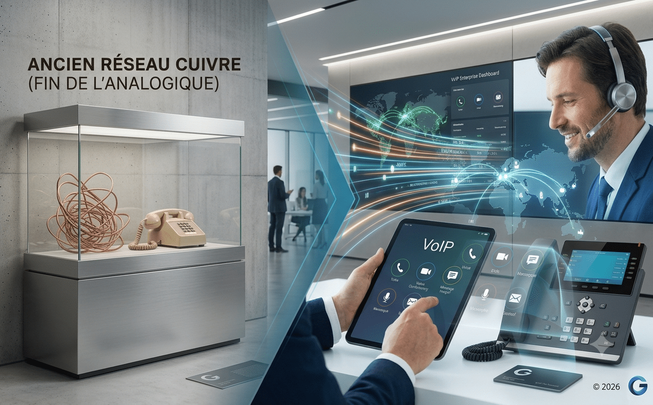 Image générée par Gemini illustrant la transition vers la téléphonie VoIP en entreprise en 2026. À gauche, un ancien téléphone analogique et des câbles de cuivre sont exposés dans une vitrine de musée moderne. À droite, un professionnel utilise des outils de communication de pointe : une tablette tactile affichant une interface VoIP, un téléphone IP récent et un casque audio pour les appels cloud. Une transition dynamique et lumineuse relie le passé technologique à l'avenir du standard téléphonique.