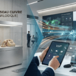 Image générée par Gemini illustrant la transition vers la téléphonie VoIP en entreprise en 2026. À gauche, un ancien téléphone analogique et des câbles de cuivre sont exposés dans une vitrine de musée moderne. À droite, un professionnel utilise des outils de communication de pointe : une tablette tactile affichant une interface VoIP, un téléphone IP récent et un casque audio pour les appels cloud. Une transition dynamique et lumineuse relie le passé technologique à l'avenir du standard téléphonique.