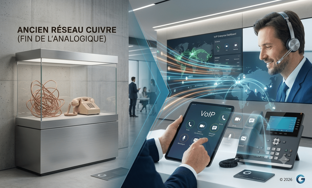 Image générée par Gemini illustrant la transition vers la téléphonie VoIP en entreprise en 2026. À gauche, un ancien téléphone analogique et des câbles de cuivre sont exposés dans une vitrine de musée moderne. À droite, un professionnel utilise des outils de communication de pointe : une tablette tactile affichant une interface VoIP, un téléphone IP récent et un casque audio pour les appels cloud. Une transition dynamique et lumineuse relie le passé technologique à l'avenir du standard téléphonique.