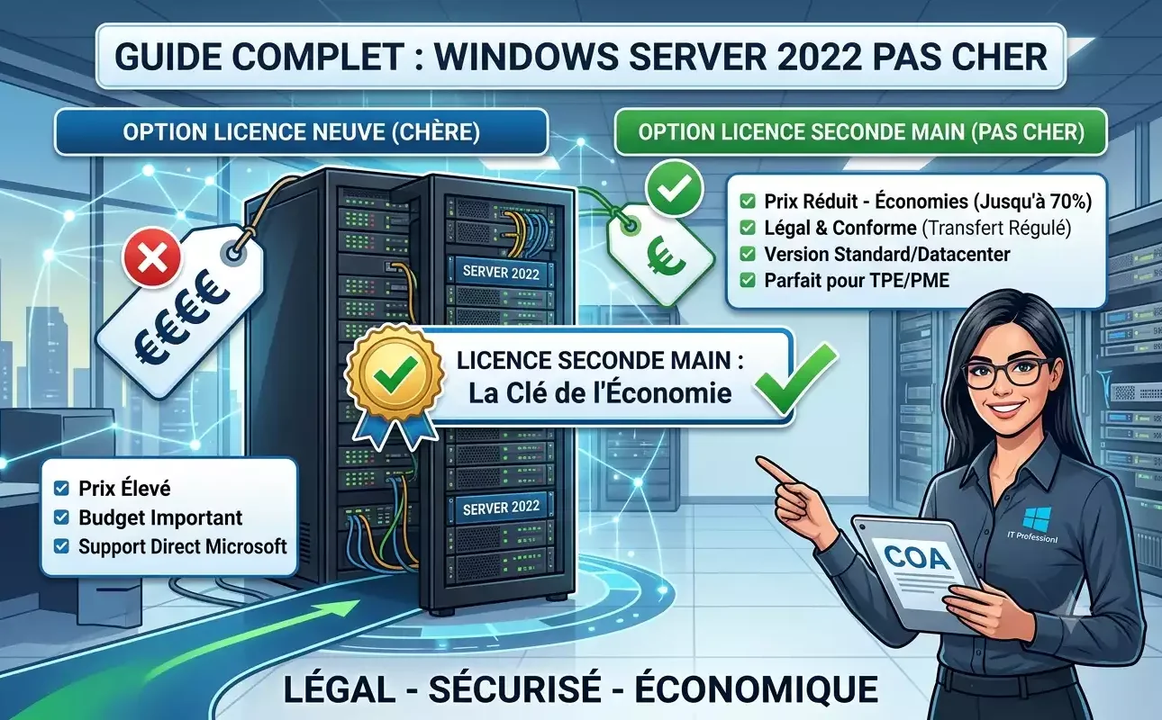 Infographie générée par IA présentant les avantages d'une licence Windows Server 2022 pas cher d'occasion face aux licences neuves pour entreprise.