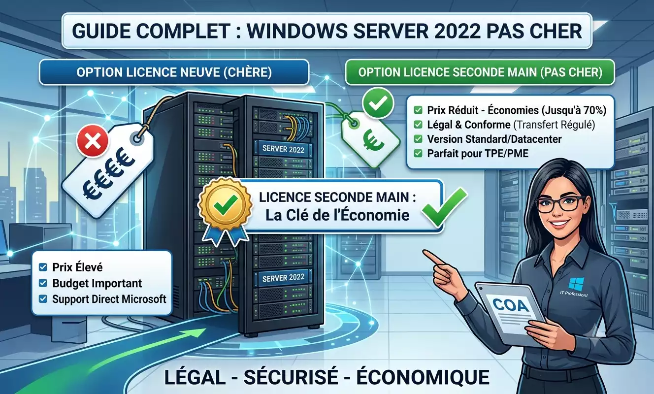 Infographie générée par IA présentant les avantages d'une licence Windows Server 2022 pas cher d'occasion face aux licences neuves pour entreprise.