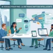 Illustration générée par IA montrant des employés d'une petite entreprise en réunion avec un assistant virtuel pour l'IA vocale pour PME. Le robot transcrit la conversation en texte pour créer des comptes rendus et des listes de tâches, illustrant le gain de temps et l'efficacité dans un espace de coworking.