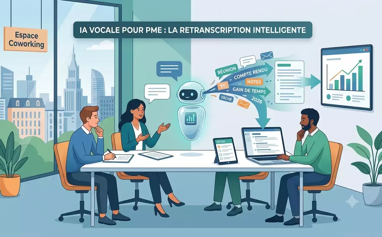 Illustration générée par IA montrant des employés d'une petite entreprise en réunion avec un assistant virtuel pour l'IA vocale pour PME. Le robot transcrit la conversation en texte pour créer des comptes rendus et des listes de tâches, illustrant le gain de temps et l'efficacité dans un espace de coworking.