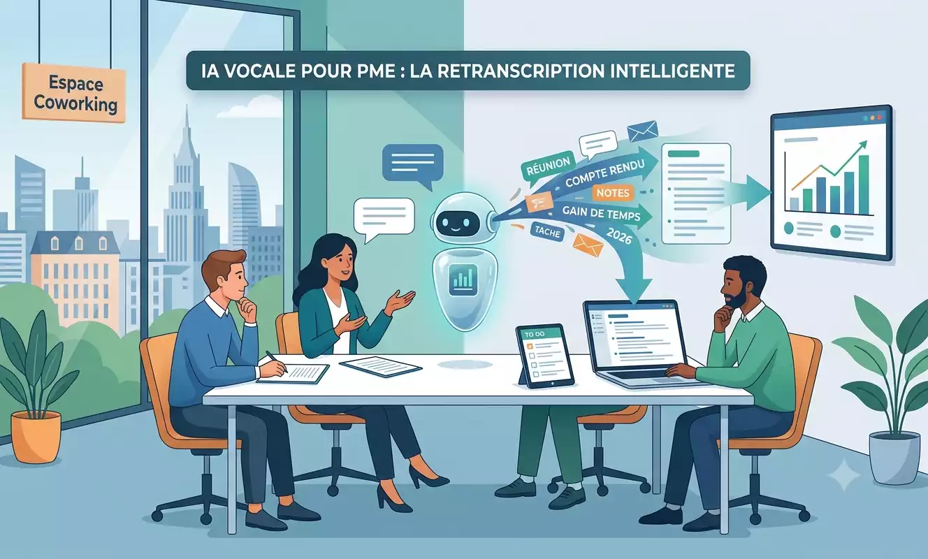 Illustration générée par IA montrant des employés d'une petite entreprise en réunion avec un assistant virtuel pour l'IA vocale pour PME. Le robot transcrit la conversation en texte pour créer des comptes rendus et des listes de tâches, illustrant le gain de temps et l'efficacité dans un espace de coworking.