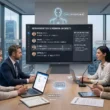 Une image générée par Gemini illustrant l'utilisation d'un logiciel de retranscription de réunion dans une salle de conférence moderne. L'écran principal affiche une transcription en direct avec identification des interlocuteurs, des résumés automatiques et des actions à suivre, tandis que des hologrammes soulignent des fonctionnalités clés comme la "Conformité RGPD" et "l'Hébergement UE"
