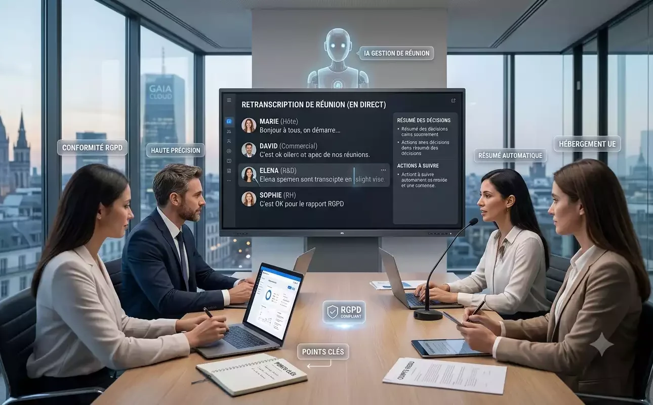 Une image générée par Gemini illustrant l'utilisation d'un logiciel de retranscription de réunion dans une salle de conférence moderne. L'écran principal affiche une transcription en direct avec identification des interlocuteurs, des résumés automatiques et des actions à suivre, tandis que des hologrammes soulignent des fonctionnalités clés comme la "Conformité RGPD" et "l'Hébergement UE"