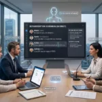 Une image générée par Gemini illustrant l'utilisation d'un logiciel de retranscription de réunion dans une salle de conférence moderne. L'écran principal affiche une transcription en direct avec identification des interlocuteurs, des résumés automatiques et des actions à suivre, tandis que des hologrammes soulignent des fonctionnalités clés comme la "Conformité RGPD" et "l'Hébergement UE"