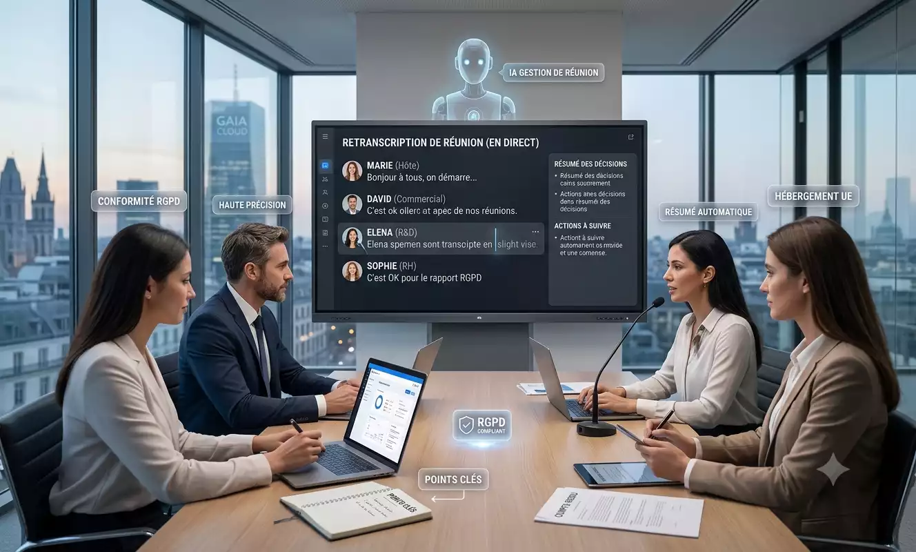 Une image générée par Gemini illustrant l'utilisation d'un logiciel de retranscription de réunion dans une salle de conférence moderne. L'écran principal affiche une transcription en direct avec identification des interlocuteurs, des résumés automatiques et des actions à suivre, tandis que des hologrammes soulignent des fonctionnalités clés comme la "Conformité RGPD" et "l'Hébergement UE"