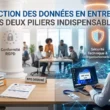 Illustration générée par Gemini montrant les deux piliers de la protection des données entreprise rgpd : d'un côté la conformité administrative (registre des traitements, DPO) et de l'autre la sécurité technique (authentification MFA, serveurs sécurisés) dans un bureau moderne.