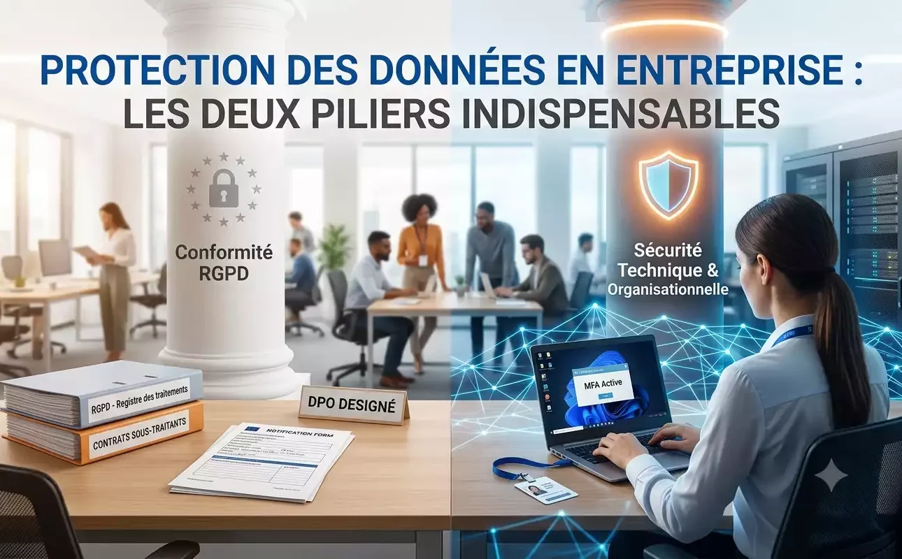 Illustration générée par Gemini montrant les deux piliers de la protection des données entreprise rgpd : d'un côté la conformité administrative (registre des traitements, DPO) et de l'autre la sécurité technique (authentification MFA, serveurs sécurisés) dans un bureau moderne.