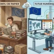 Illustration comparative d'un administrateur système dans deux environnements de travail différents, mettant en avant la transition d'une gestion logicielle matérielle fastidieuse à une gestion numérique simplifiée et légale, incluant le concept de licence Office 365 de seconde main. Image générée par Gemini.