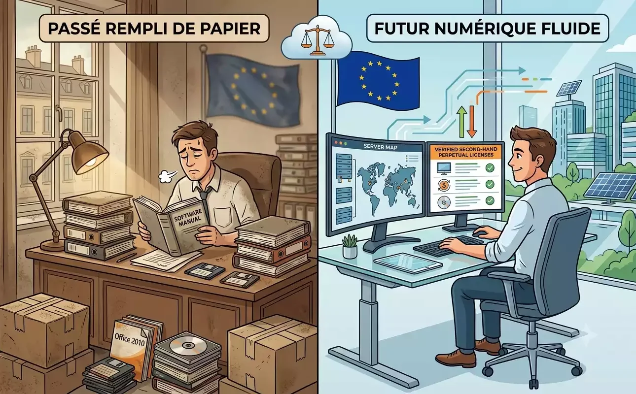 Illustration comparative d'un administrateur système dans deux environnements de travail différents, mettant en avant la transition d'une gestion logicielle matérielle fastidieuse à une gestion numérique simplifiée et légale, incluant le concept de licence Office 365 de seconde main. Image générée par Gemini.