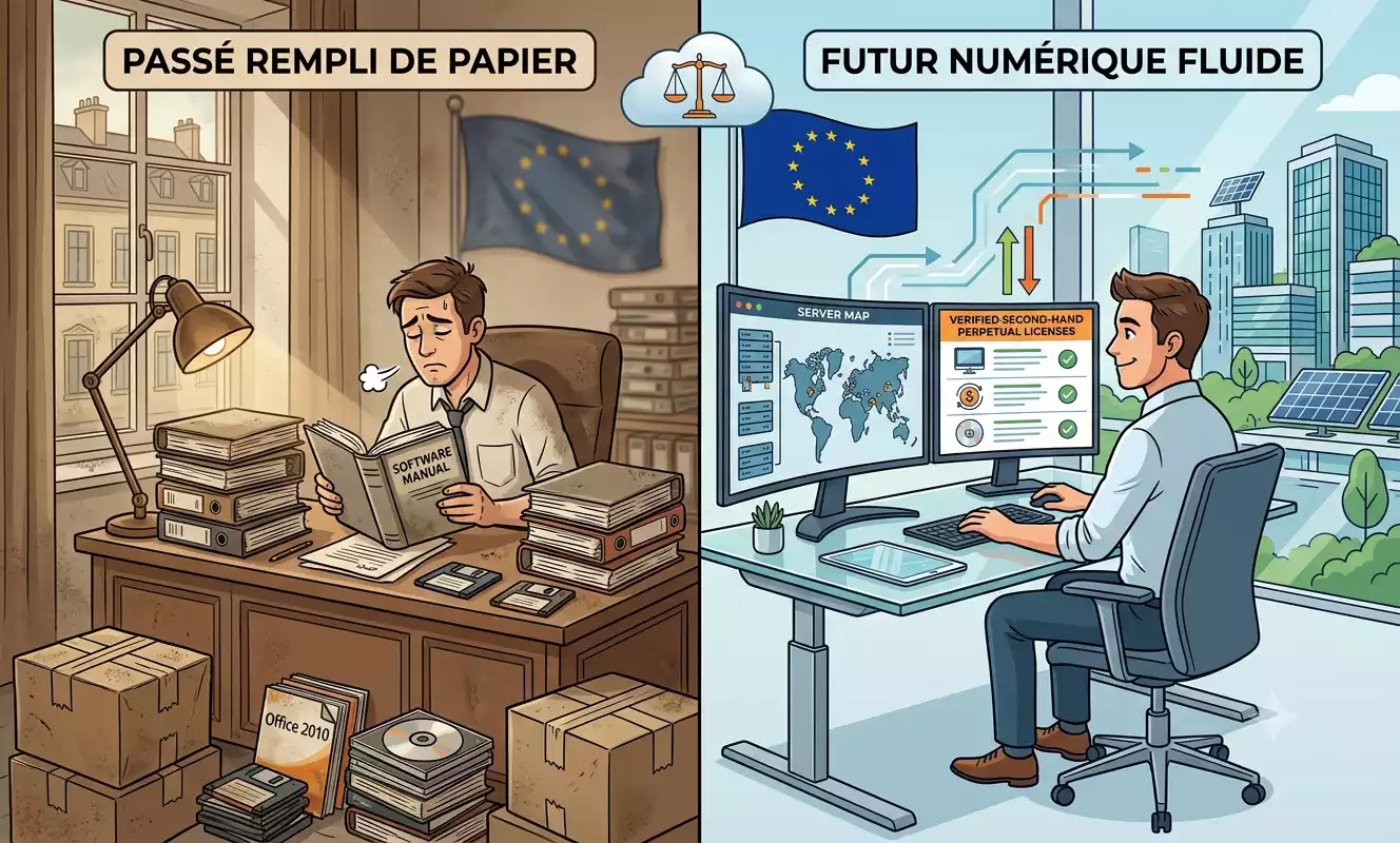 Illustration comparative d'un administrateur système dans deux environnements de travail différents, mettant en avant la transition d'une gestion logicielle matérielle fastidieuse à une gestion numérique simplifiée et légale, incluant le concept de licence Office 365 de seconde main. Image générée par Gemini.